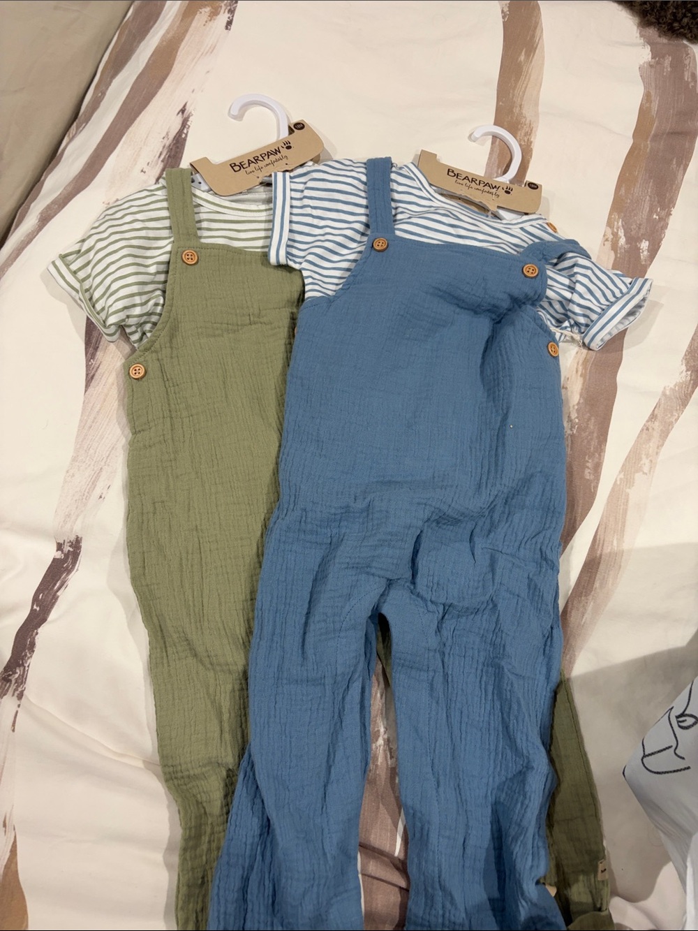 BearPaw Kids Green and Blue Cotton Overalls with Striped Tees